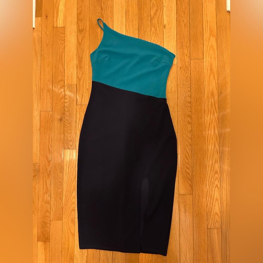 Elegant Teal and Navy One-Shoulder Dress